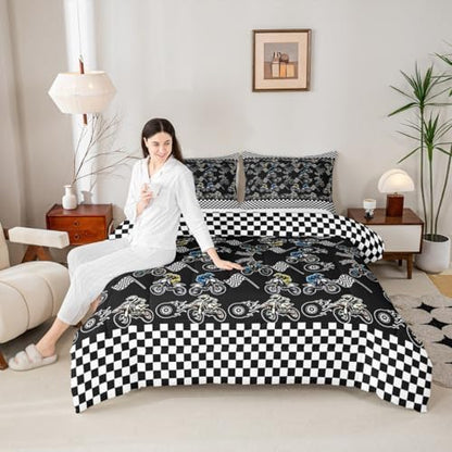 Feelyou Dirt Bike Bedding Set Soft for Boys Girls, Motorbike Comforter Set Queen Size Racing Motocross Rider Duvet Quilt Microfiber Motorcycle Bedroom Decor Extreme Sports 3 Pcs with 2 Pillow Cases