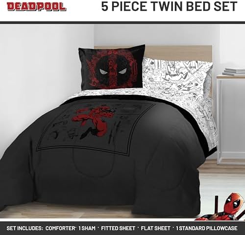 Marvel Deadpool Twin Comforter Set 5 Piece Soft Bedding for Boys, Gray