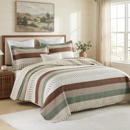 Finlonte 100% Cotton Queen Size Quilt Set, Patchwork Striped Queen Quilt Bedding Set Farmhouse Bedspread, Lightweight Quilted Comforter Reversible Bed Spread for All Season, Green/Brown/Beige, 3 Pcs