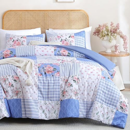 YIKUSH Blue Floral Full Comforter Set, Soft Lightweight All Season Bedding Set for Women Girls, Cozy Cottagecore Botanical Comforter Full Size with 2 Pillow Shams, Breathable Floral Bed Set