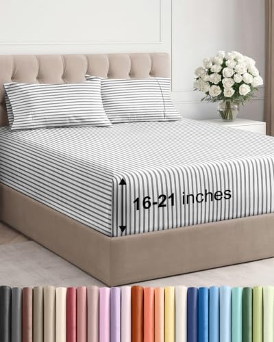 Extra Deep Pocket King Size Sheet Set - Breathable & Cooling - Grey Stripes