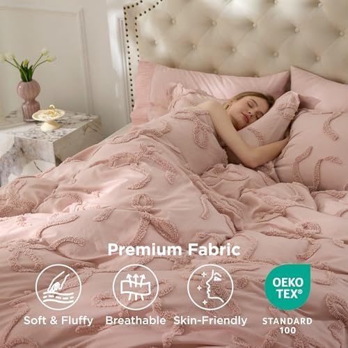 Bedsure Tufted Rose Pink Twin/Twin XL Comforter, GentleSoft™ 2 Pieces Bow Cute Bedding Pink Room Decor, Gifts for Girls Teens Women, All Seasons, 1 Bed Comforter, 1 Pillow Shams, 68x88 Inches