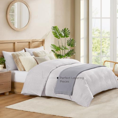 Andency Gingham Duvet Cover Full Size, Light Grey Checkered Plaid Bedding Set, 3 Pieces Soft Prewashed Microfiber Comforter Cover with Zipper Closure & Corner Ties