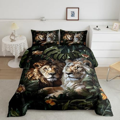 Manfei Couple Lion Kids Comforter Set King Size,Flowers Palm Leaf Tropical Plant Bedding Set,Girls Boys Room Decor,Botanical Wild Jungle Animal Quilt Comforter,Rustic Retro Duvet Insert,2 Pillowcases