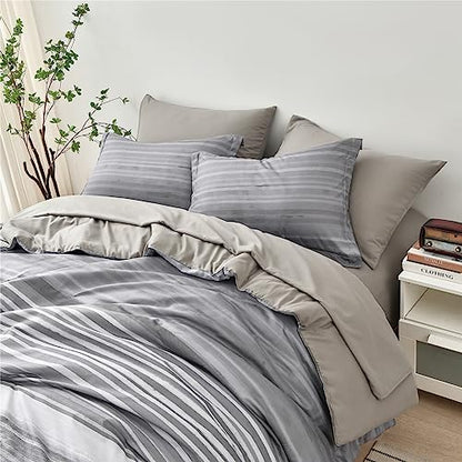 KAKIJUMN Striped Comforter Set Queen Size, 7 Piece Bed in a Bag, Light Grey