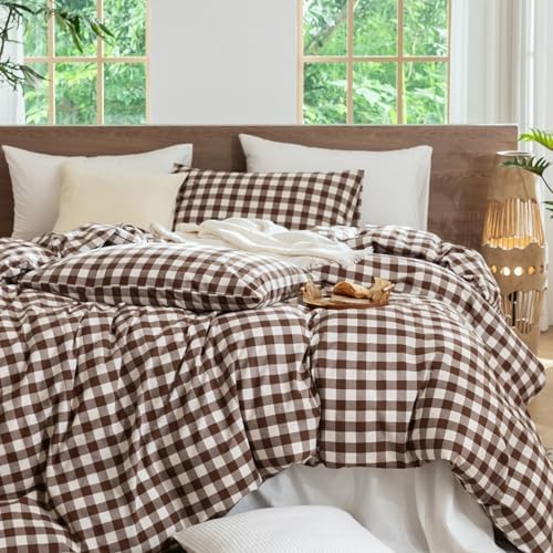 MooMee Gingham Duvet Cover Set 100% Washed Cotton Linen Like