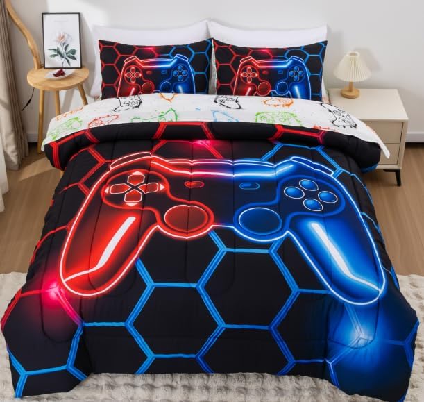 NTBED Twin Game Console Comforter Set for Boys Girls Kids 3D Gaming Lightweight Microfiber Gamer Bedding Sets Red Blue