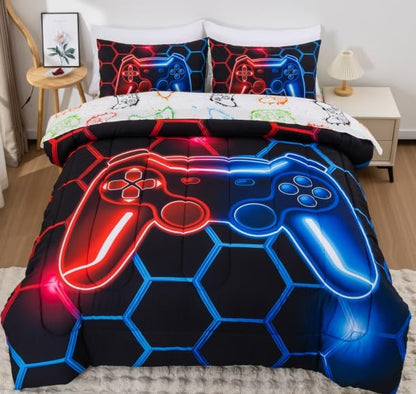 NTBED Twin Game Console Comforter Set for Boys Girls Kids 3D Gaming Lightweight Microfiber Gamer Bedding Sets Red Blue