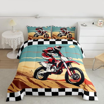Feelyou Desert Dirt Bike Comforter Set Motocross Rider Bedding Set with 1 Pillow Cases Checkered Flag Twin Off-Road Racing Design Room Decor Outdoor Sports Duvet Quilt Breathable Soft Lightweight
