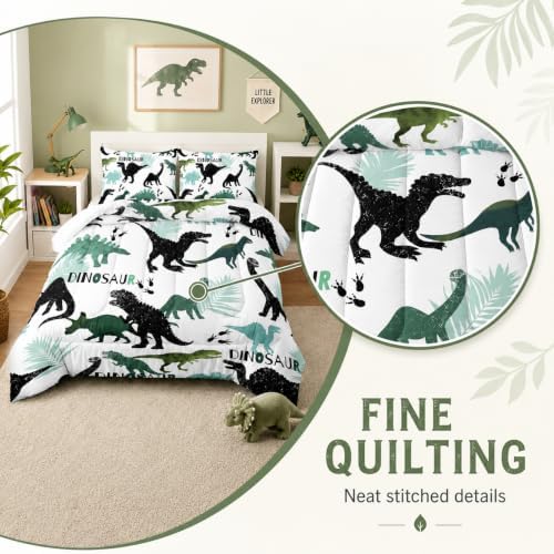 AILONEN Dinosaur Twin Kids Bedding Set,Black and Green Dinosaur Comforter Set All Season,Tropic Leaves and Roaring Dinosaur Silhouette Printed Soft Comforter with 2 Pillowcases for Boys