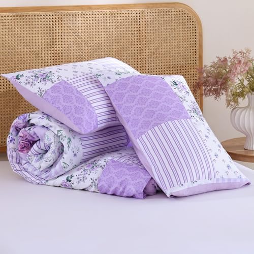 YIKUSH Purple Floral Full Comforter Set, Soft Lightweight All Season Bedding Set for Women Girls, Cozy Cottagecore Botanical Comforter Full Size with 2 Pillow Shams, Breathable Floral Bed Set