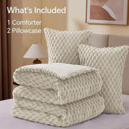BEDELITE Fluffy Full Size Comforter Set, Linen Fleece Bed Set 3 Pieces