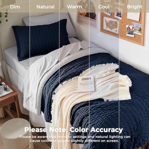 HYMOKEGE Navy Blue/Light Grey Twin XL Comforter Set Seersucker 5 Pieces, All Season Luxury Bed in a Bag for Bedroom, Bedding Set with Comforter, Sheets, Pillowcase & Sham
