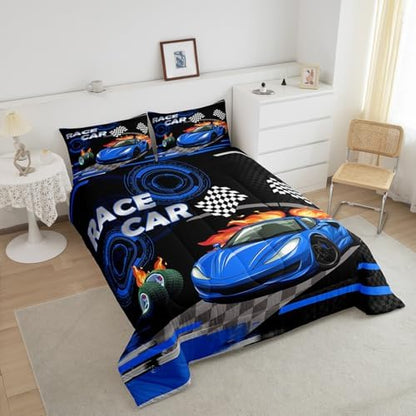 Feelyou Kids Blue Race car Comforter Set Twin Size Boys Girls