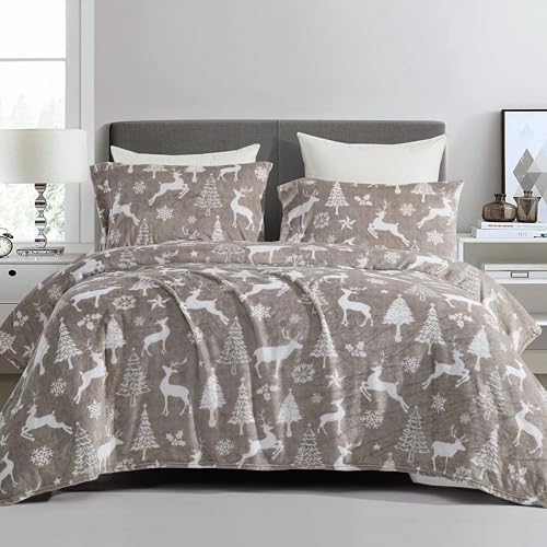 Elegant Comfort Luxuriously Soft 4-Piece Holiday Velvet Plush Flannel Sheet Set - Premium Quality - Cozy Warm, Christmas Fuzzy Velvet Flannel Fleece Deep Pocket Sheet Set - Twin XL, Silver Reindeer