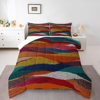 Castle Fairy Bohemian Wavy Bed Comforter Set Queen Size,Rainbow Embroidered Waves Super Soft Microfiber Bedding Set for Adults Teens,Geometric Tribal Ethnic Comforter Set,2 Pillowcases