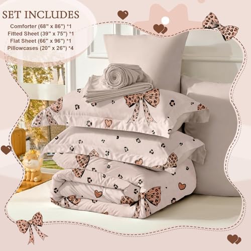 Wajade 7 Piece Cheetah Bow Comforter Set for Girls Kids Queen Size Bedding Set with Sheet and 2 Pillowcases 2 Pillow Shams Cute Girls Bed in a Bag as Birthday Choice