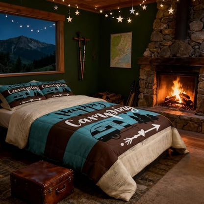 Manfei Happy Camping RV Kids Comforter Set King Size,Pine Wooden Cabin Rustic Farmhouse Bedding Set,Girls Boys Room Decor,Adventure Camper Quilt Comforter,Blue Country Duvet Insert,2 Pillowcases