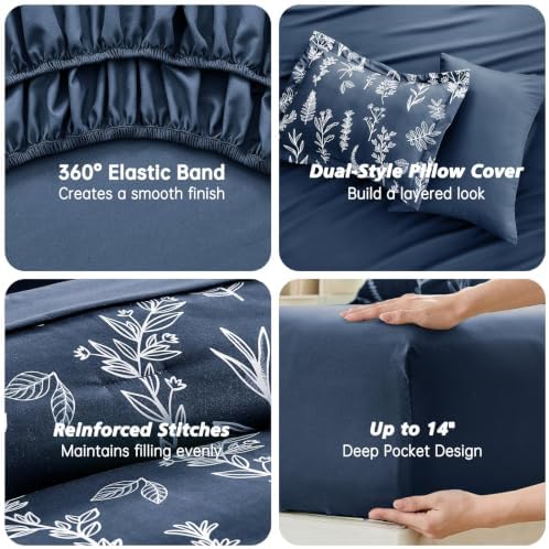 MUXHOMO Oversized King Comforter Set, Navy Blue Elegant Floral Print Bed in a Bag 7 Pieces, Soft & Breathable Reversible Botanical Pattern Bedding Set with Comforter, Sheets, Pillowcases, and Shams