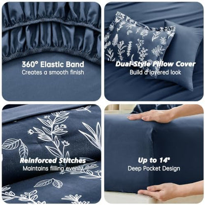 MUXHOMO Oversized King Comforter Set, Navy Blue Elegant Floral Print Bed in a Bag 7 Pieces, Soft & Breathable Reversible Botanical Pattern Bedding Set with Comforter, Sheets, Pillowcases, and Shams