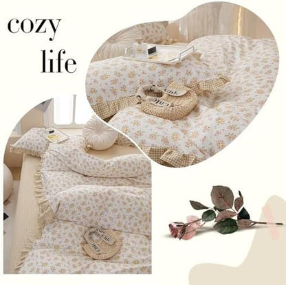 French Style Ruffle Floral Comforter Set Twin XL Vintage Garden Floral Bedding Comforter Reversible Yellow Plaid Bedding Set Rose Flowers Botanical Comforter Set with 2 Pillowcases for All Season