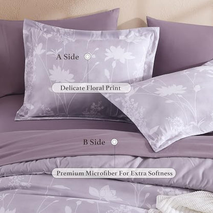 BLOOMHAVEN Queen Comforter Set-7 Pieces Purple Floral Bed in a Bag Queen
