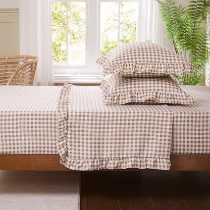 Gingham Full Sheet Set, Lightweight Super Soft Brushed Microfiber Plaid Bed Sheets with 16" Deep Pocket, 4 Piece Ruffle Farmhouse Bedroom Decor, Taupe