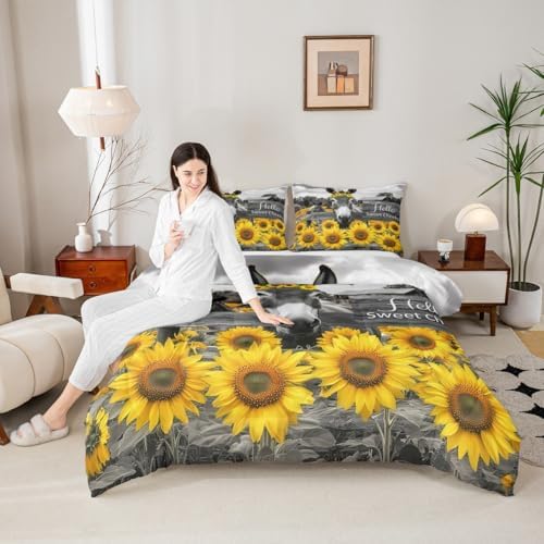 Erosebridal Donkey Comforter Set Twin Size - Funny Farm Animal Bedding 2 Piece for Boys Girls Kids - Rustic Farmhouse Sunflower Duvet Insert With Cute Print Quilt and 1 Pillowcase