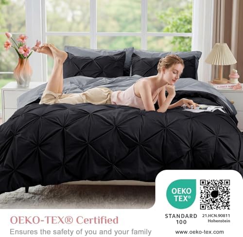 JOLLYVOGUE Twin XL Comforter Set 7 Pieces - Bed in a Bag Twin XL for All Season, Pintuck Bedding Comforter Sets with Comforter, Flat Sheet, Fitted Sheet and Pillowcases & Shams, Black & Light Grey