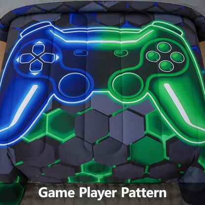 6Pcs Gamer Comforter Set with Sheets for Boys Girls Kids Teens, Colorful Gaming Themed Bed in A Bag Queen Size, Black 3D Video Game Controller Bedroom Decor Bedding Set