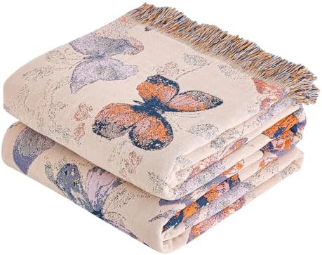 VANJOROY Boho Throw Blanket, 100% Organic Cotton Breathable Ultra Soft 80" x 90" Bed Quilt Throw - All Season Floral Rustic Farmhouse Decor Luxury Reversible Blanket for Sofa Couch Chair and Gift