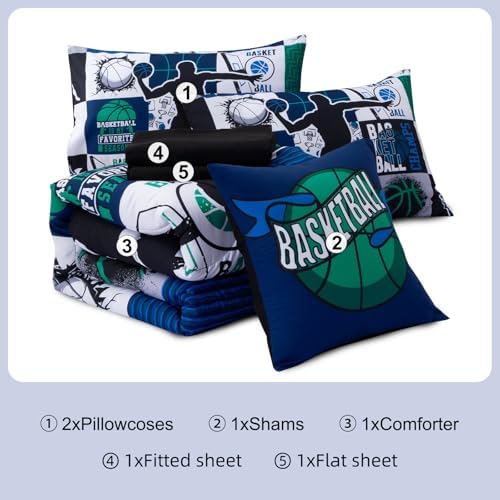 Aimuan Basketball Bedding Set for Boys Kids Teens, Soft Green and Blue Sports Geometric Grid Patchwork Theme Basketball Bedding Sets Queen Size, Blue-Green