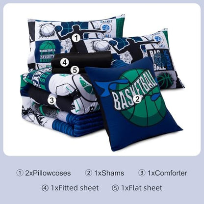 Aimuan Sports Geometric Grid Black Patchwork Basketball Printed for Boys Twin 6Pcs Bed in A Bag Green and Blue Comforter Bedding Set Twin Size, Blue-Green