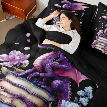 Feelyou Dragon Comforter Set King Size 7 Pieces Book Lover Bedding Set for Kids Boys Girls Dark Fantasy Bed in a Bag with Comforter, Sheets, Pillowcases, Cushion Covers Lightweight
