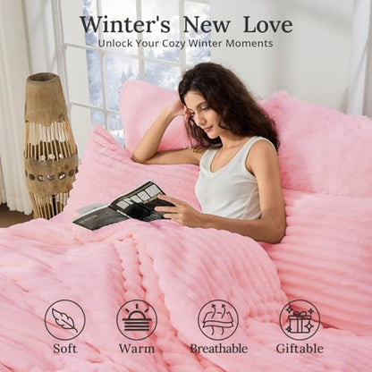 Sasttie Fluffy King Comforter Set, 3-Piece Soft Fleece Bedding, Pink