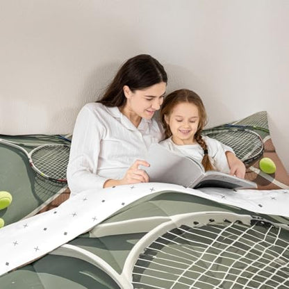 Castle Fairy 3D Tennis Racket Bedding Set Queen Size Cool Modern Ball Games Comforter Set for Girls Boys Room Decor Tennis Sports Lover Down Comforter Outdoor Activities Quilt Set with 2 Pillowcases