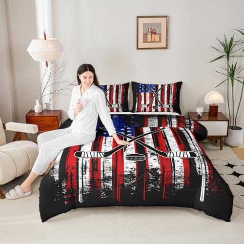 Manfei Ice Hockey Comforter Set Twin Size, American Flag Print Bedding Set 2pcs for Kids Boys Teens Room Decor, Hockey Sports Gaming Theme Down Comforter with 1 Pillowcase, No Sheets