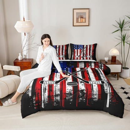 Manfei Ice Hockey Comforter Set Twin Size, American Flag Print Bedding Set 2pcs for Kids Boys Teens Room Decor, Hockey Sports Gaming Theme Down Comforter with 1 Pillowcase, No Sheets