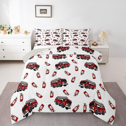 Feelyou Fire Truck Comforter Set Full Size Firefighter Bedding Set for Kids Boys Girls Emergency Vehicles Duvet Quilt Bedroom Decor Microfiber 3 Pcs with 2 Pillow Cases
