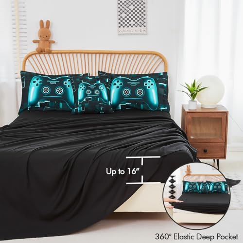 PERFEMET 6-Piece Boys Gamer Comforter Set Queen Size Teal Blue Video Game Controller Bedding Set with Sheets Lightweight 3D Black Gaming Pattern Bed in a Bag for Kids Teen(Teal, Queen)