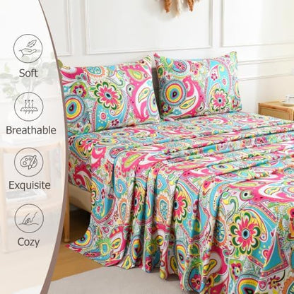 CozySmile Floral Printed Sheet Set King Size 4 Piece,Soft & Breathable Deep Pocket 16" Cooling Wrinkle Free Comforter Bed Set Botanical Pattern Sheets (King, Paisley Rthnic Style)