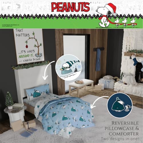 Collectibles Peanuts Snoopy Puffer Coat Holiday & Christmas Bedding Soft Comforter and Sheet Set with Sham, 5 Piece Twin Size, (Officially Licensed Product) By Franco