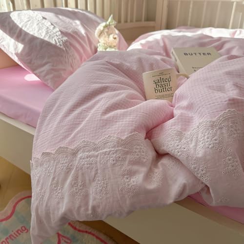mixinni Pink White Gingham Duvet Cover Twin XL Size - 3 Piece Cottagecore Plaid Bedding Set with Lace Trim, Soft Washed Microfiber Vintage Aesthetic Grid Comforter Cover & Pillow Shams