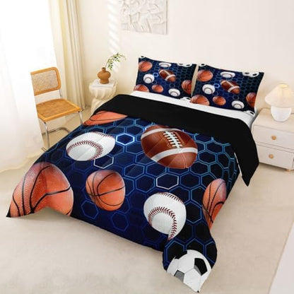 Erosebridal Boys Soccer Bedding King Size, Basketball Football Comforter Set for Kids Girls Teenage Men, Rugby Baseball Quilt Blue Hexagon Honeycomb Bedding Comforter Sets Football Gifts for Boys