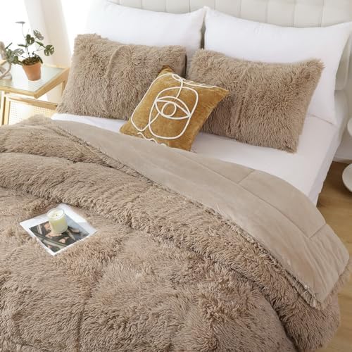 Smoofy Fluffy Full Size Comforter Set, Khaki Faux Fur Comforter Set 3 Pcs
