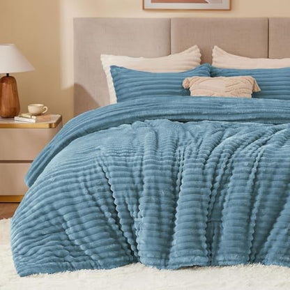 BEDELITE Fleece Full Comforter Set, Fluffy Bed Set, Blue Fog
