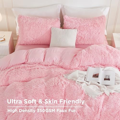 Andency Pink King Size Comforter Set, Fluffy Faux Fur Warm Bedding Set