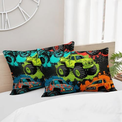 AILONEN Cartoon Monster Trucks Comforter Set Twin Size, 3-Piece Colorful Truck Bedding Set for Kids Boys,Graffiti Car Print Kid Comforter with 2 Pillowcases