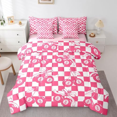 Hot Pink Fashion Y2K 7 Piece Comforter Set Queen Size Lucky 8 Ball Bedding Set For Kids Girls Teen Women,Cherry Bow Geometric Checkered Bed In A Bag With Sheets Girly Coquette Trendy Aesthetic Bed Set