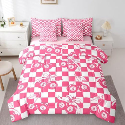 Hot Pink Fashion Y2K 7 Piece Comforter Set Queen Size Lucky 8 Ball Bedding Set For Kids Girls Teen Women,Cherry Bow Geometric Checkered Bed In A Bag With Sheets Girly Coquette Trendy Aesthetic Bed Set